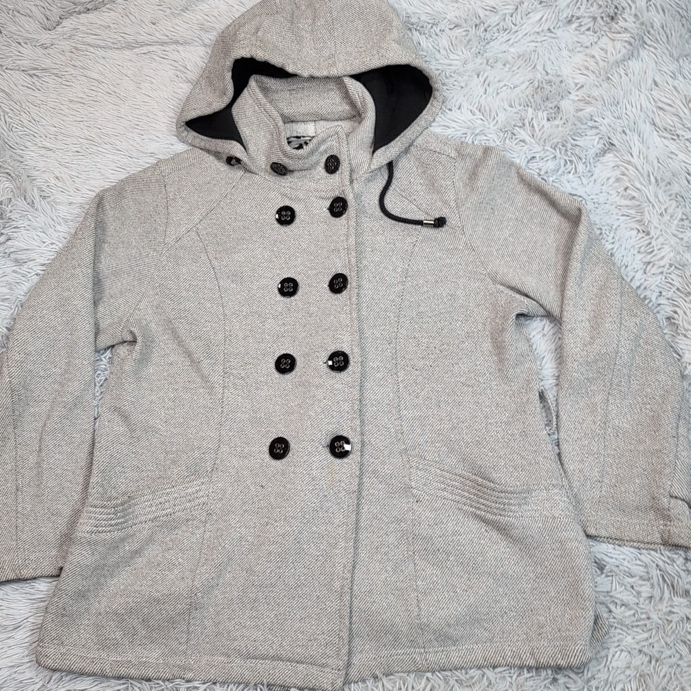 Sebby Jacket Womens XL Gray Hood Pockets Coat Button Up Cozy Soft Comfort